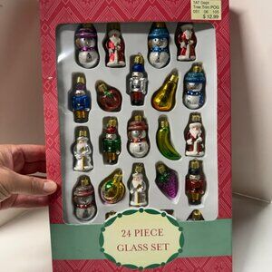 24 Vintage Mini Small Glass Christmas Ornaments Nutcracker Snowman Santa Fruit